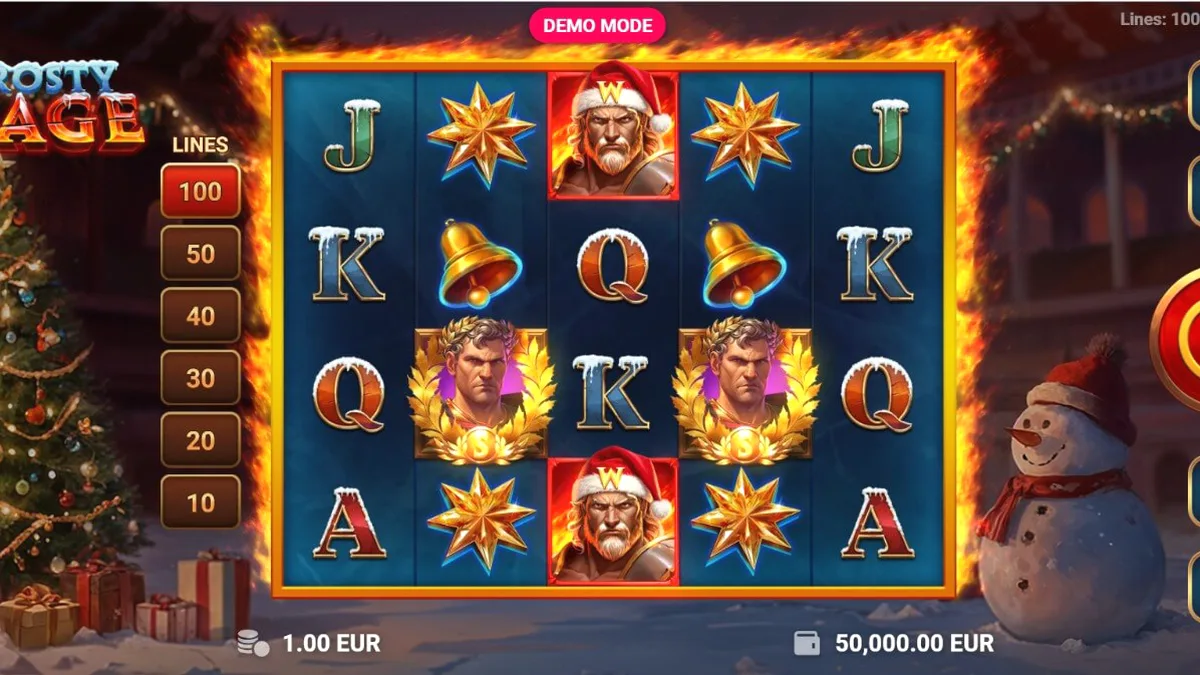 Frosty Rage slot game featuring a gladiator in a Santa hat