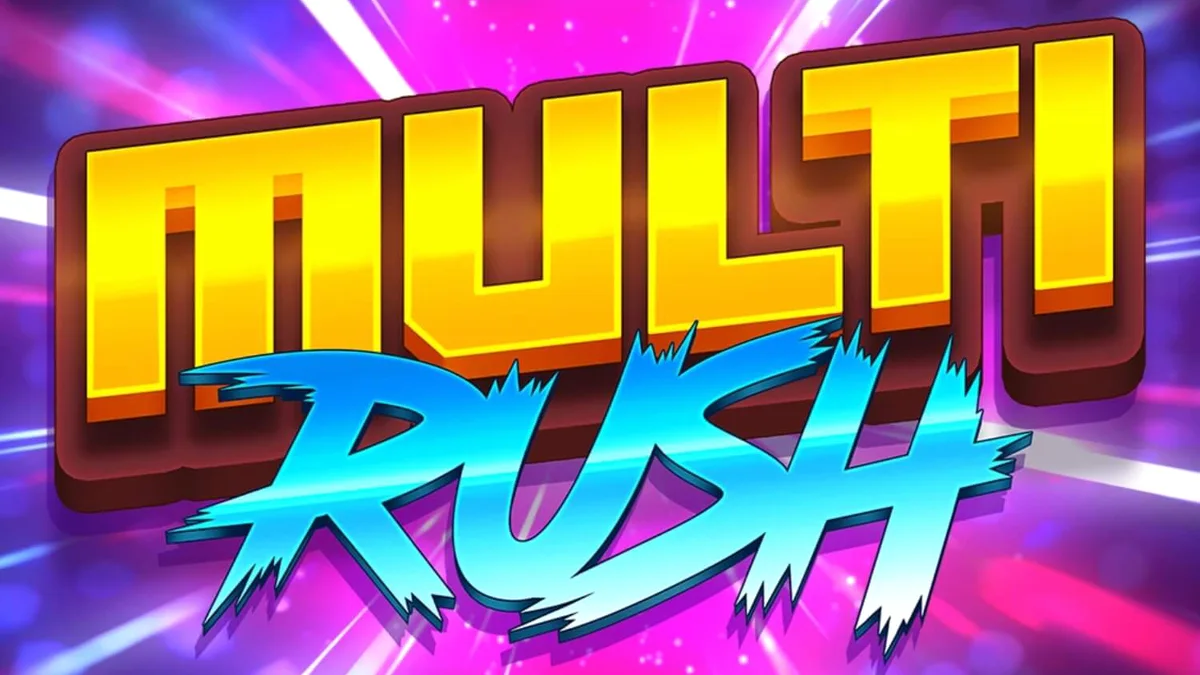 Tampilan visual slot Multi Rush dengan simbol buah neon dan grid cluster pays.